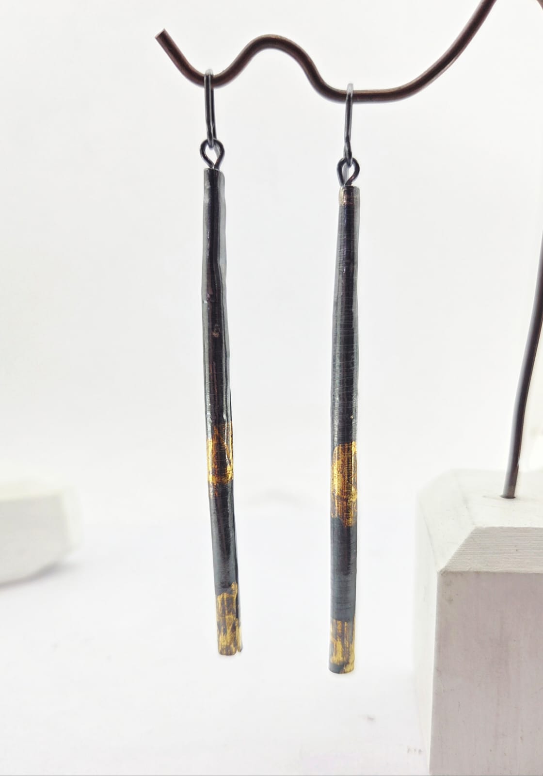 Wrapped Pendant Earrings in Oxidised Silver and 24ct gold leaf