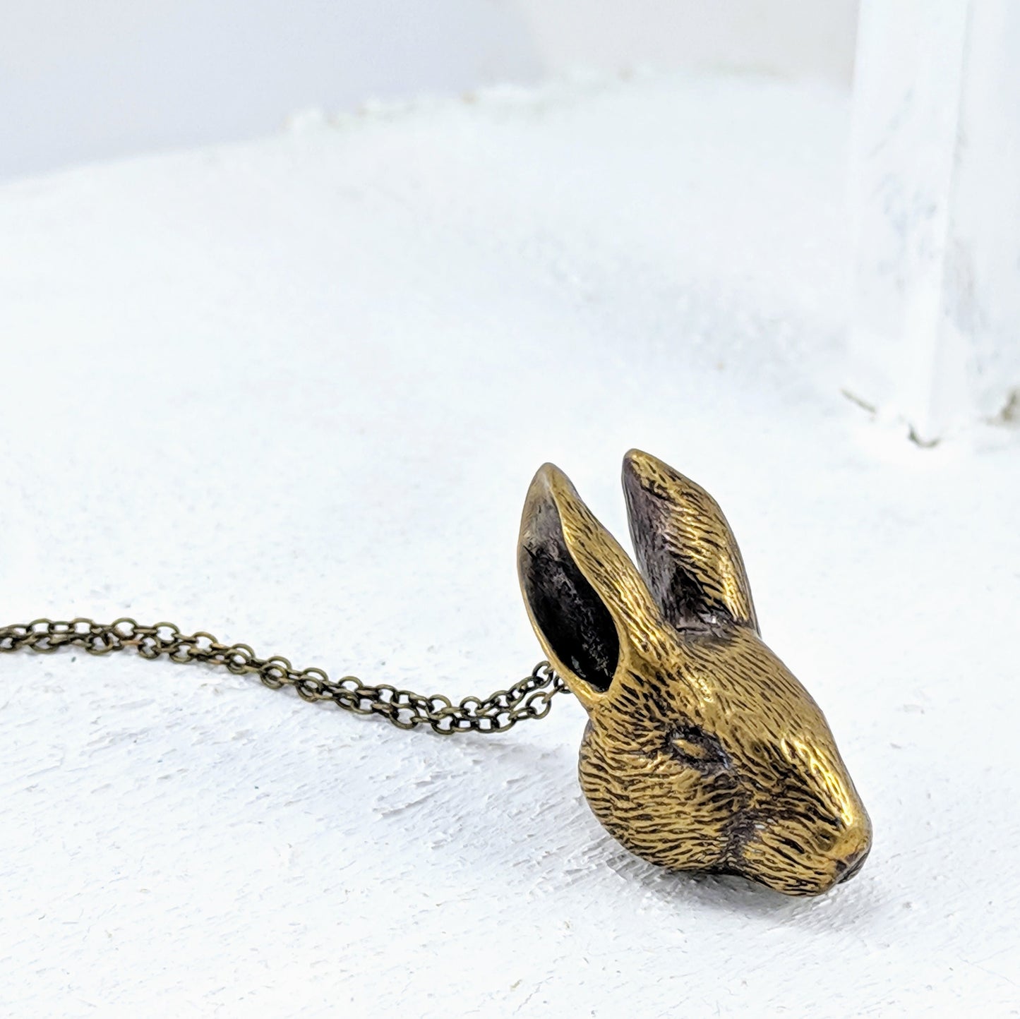 Bronze Bunny Head pendant on a bronze chain. By Vaune Mason