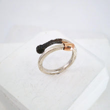 Load image into Gallery viewer, Burnt and Live double ended ring in sterling silver and gold. Handmade NZ jewellery from David McLeod.