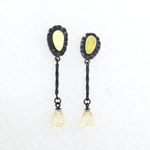 Load image into Gallery viewer, These delicate drop earrings are crafted in silver and 18 carat gold with delicate yellow cubic zirconia drops. By Vaune Mason.