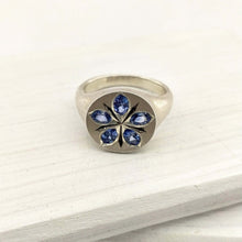 Load image into Gallery viewer, The beautiful Star Flower Borage ring is hand crafted by Adele Stewart in solid sterling silver and ceylon sapphires.