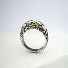 Load image into Gallery viewer, The Tuatara Ring is carved with a scale texture inspired by the skin of the endangered Tuatara. Hand crafted in NZ by The Wild Jewellery.