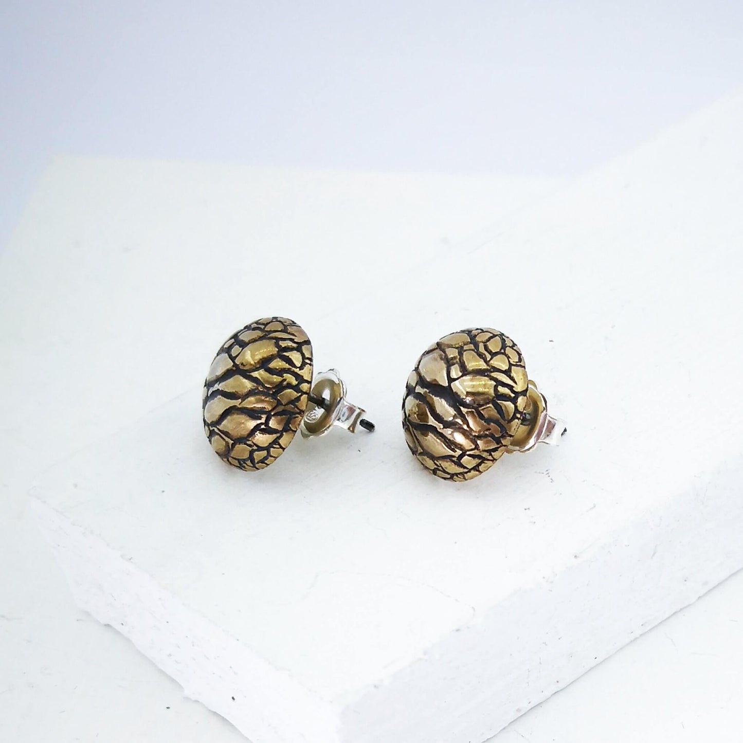 Tuatara Studs in solid bronze and sterling silver, handmade by The Wild Jewellery. These studs are inspired by the texture of the rare Tuatara, a reptile found only in NZ.