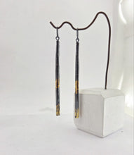Load image into Gallery viewer, Wrapped Pendant Earrings in Oxidised Silver and 24ct gold leaf
