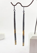 Load image into Gallery viewer, Wrapped Pendant Earrings in Oxidised Silver and 24ct gold leaf
