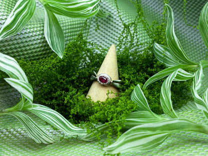 Silver Leaf Ring with Ruby