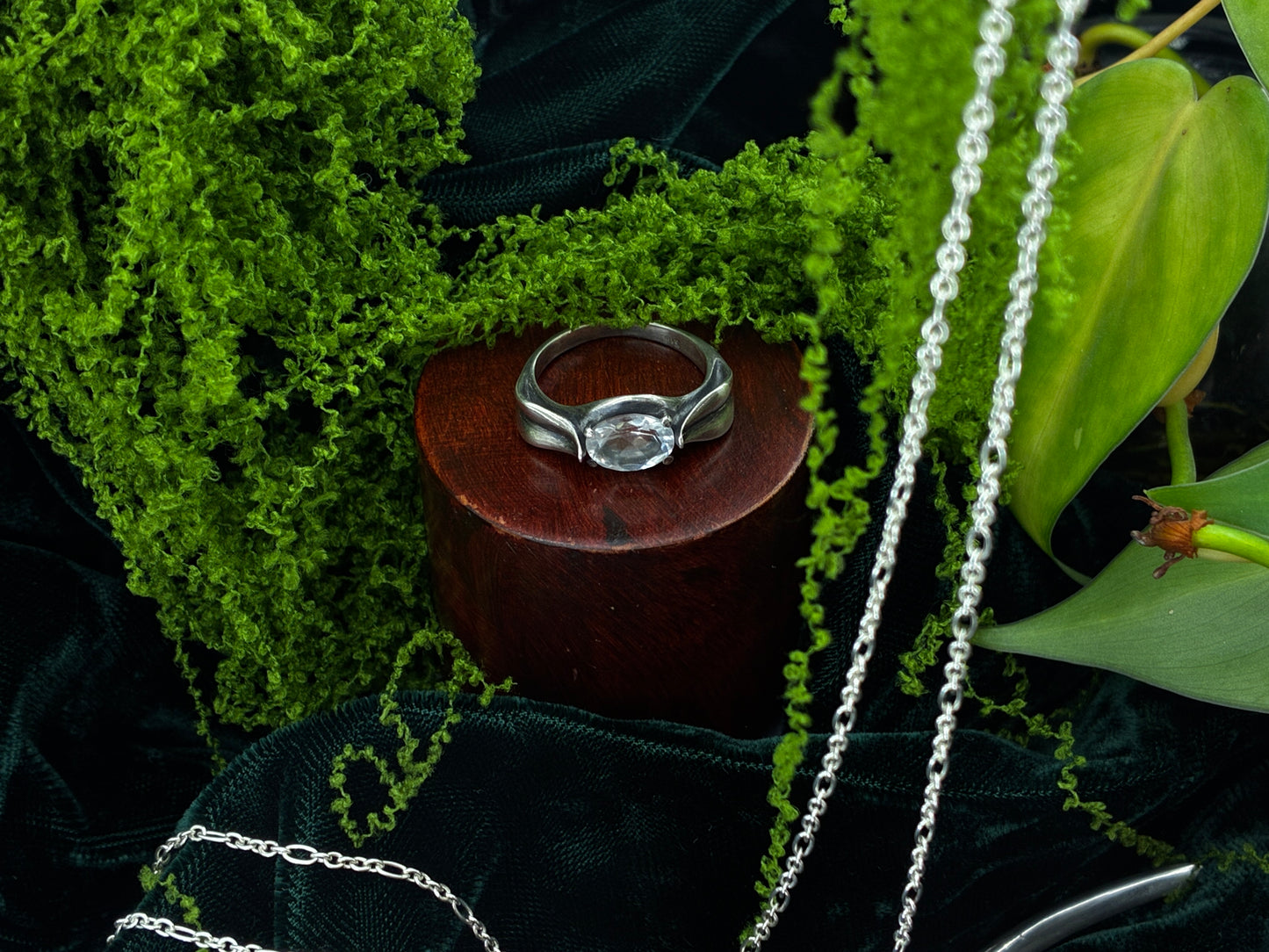 Silver Leaf Ring with White Topaz