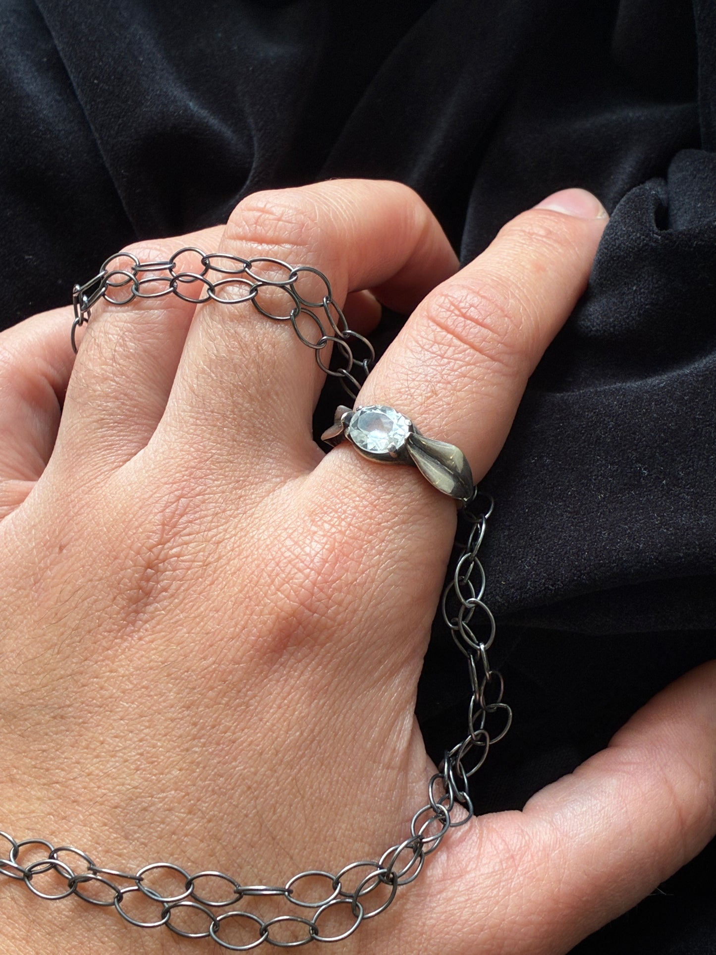 Silver Leaf Ring with White Topaz