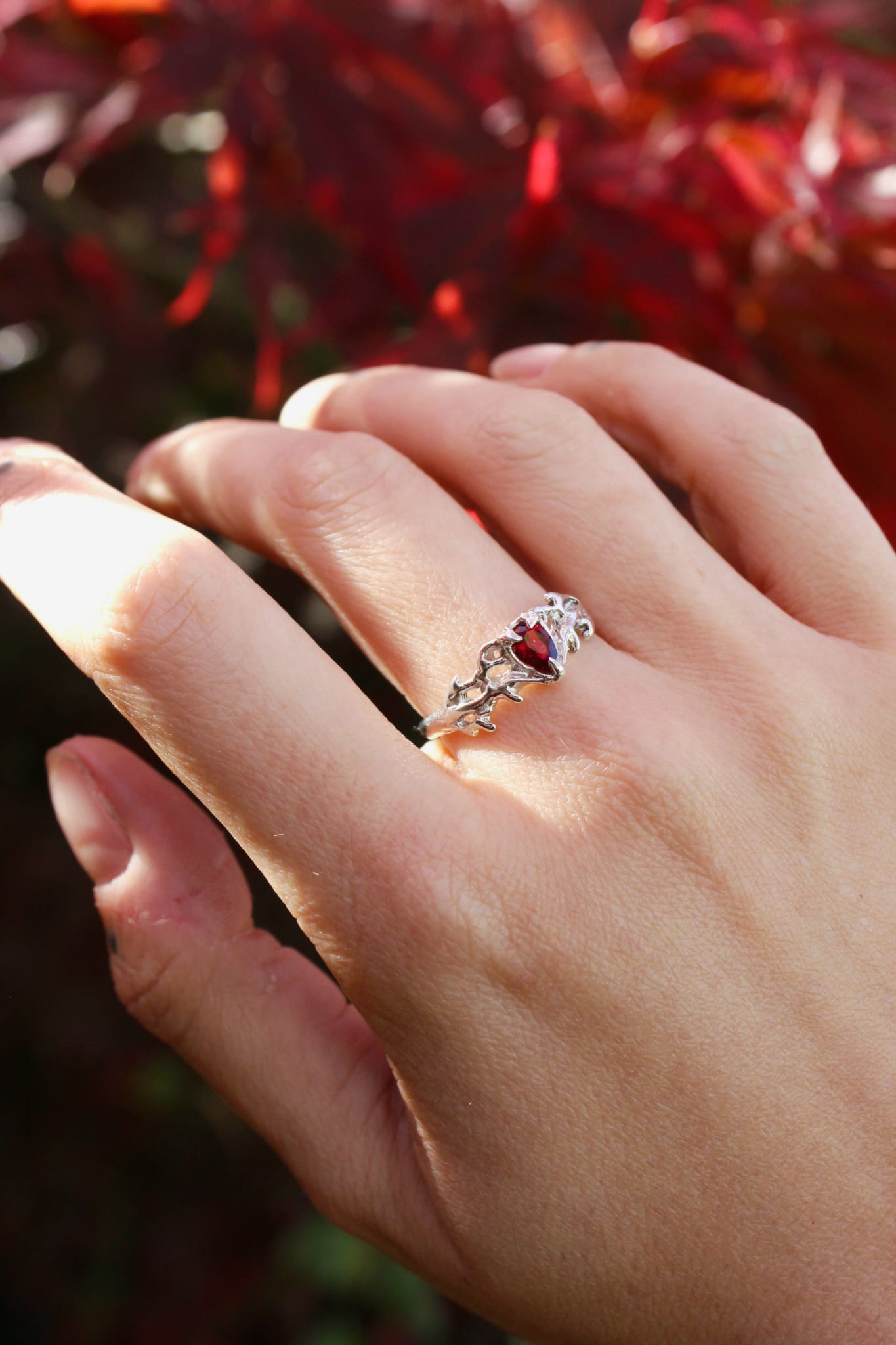Antler Ring - Lab Ruby and Sterling silver