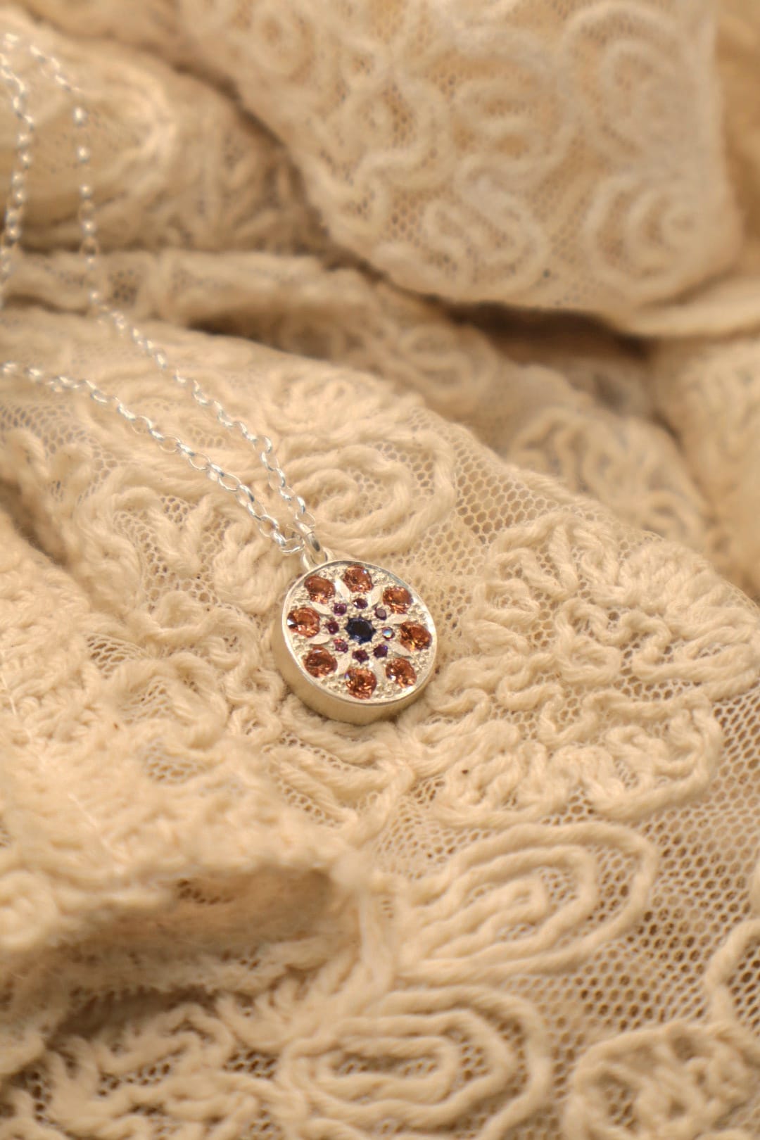 Mandala Pendant - Sterling silver & Garnet, Iolite & Spessartite