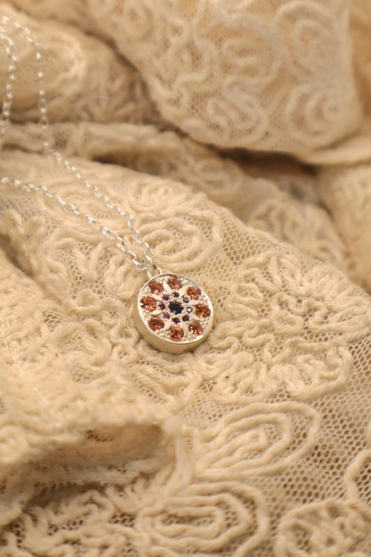 Mandala Pendant - Sterling silver & Garnet, Iolite & Spessartite