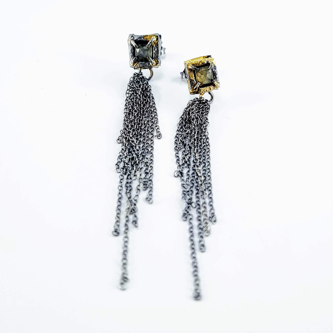 Labradorite gold and silver stud earrings by Natalie Salisbury.. Unique hand crafted NZ jewellery available at Mason and Collins. 