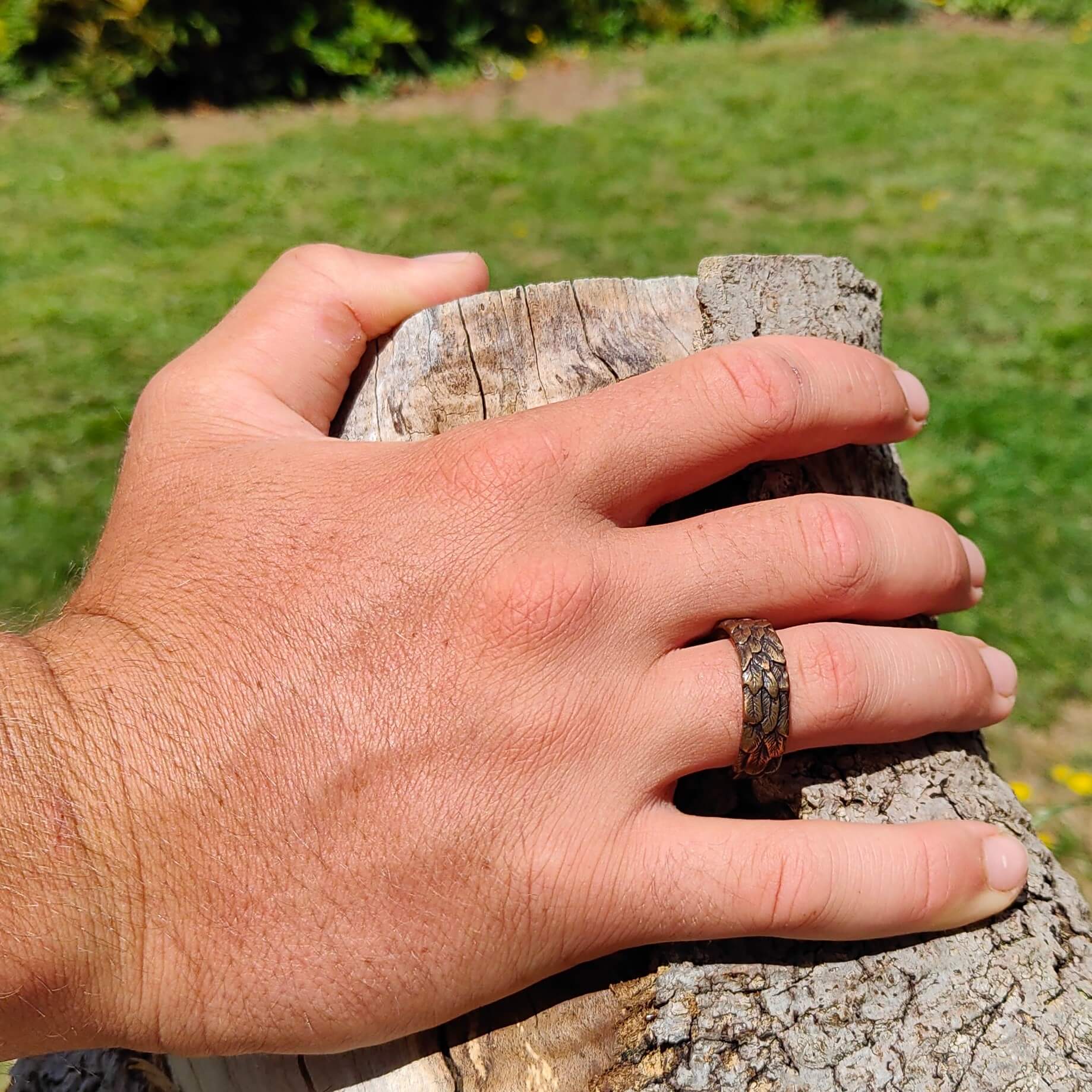 The bronze feather ring is a comfortable fit for men and women. Bronze is especially hard wearing.
