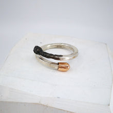 Load image into Gallery viewer, Burnt and Live double ended ring in sterling silver and gold. Handmade NZ jewellery from David McLeod.
