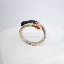 Load image into Gallery viewer, Burnt and Live double ended ring in sterling silver and gold. Handmade NZ jewellery from David McLeod.
