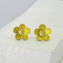 Load image into Gallery viewer, Buttercup Studs in silver with yellow glass enamel, handmade in NZ by Adele Stewart.

