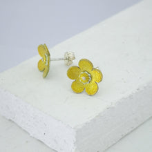 Load image into Gallery viewer, Buttercup Studs in silver with yellow glass enamel, handmade in NZ by Adele Stewart.
