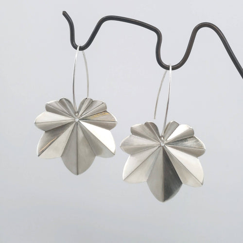 Silver Geranium Leaf drop earrings hand crafted in NZ by Luisa Farah. Quality silver jewellery available now at Mason & Collins.
