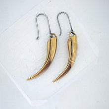 Load image into Gallery viewer, The huia beak earrings in solid bronze on sterling silver hooks. Unique NZ jewellery from The Wild.
