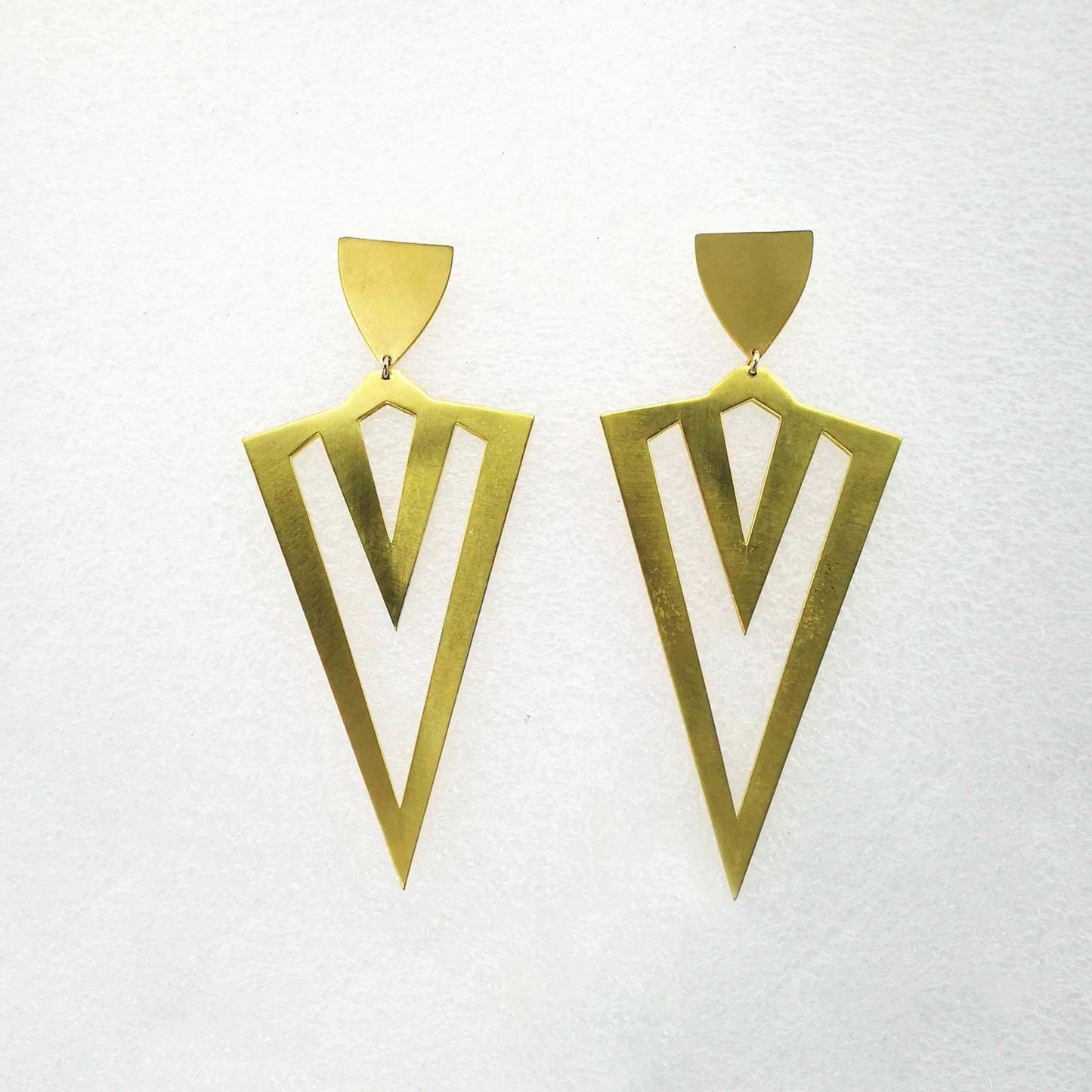 Ice Pick earrings in brushed brass. Hand crafted NZ jewellery from Banshee the Valkyrie at Mason & Collins.