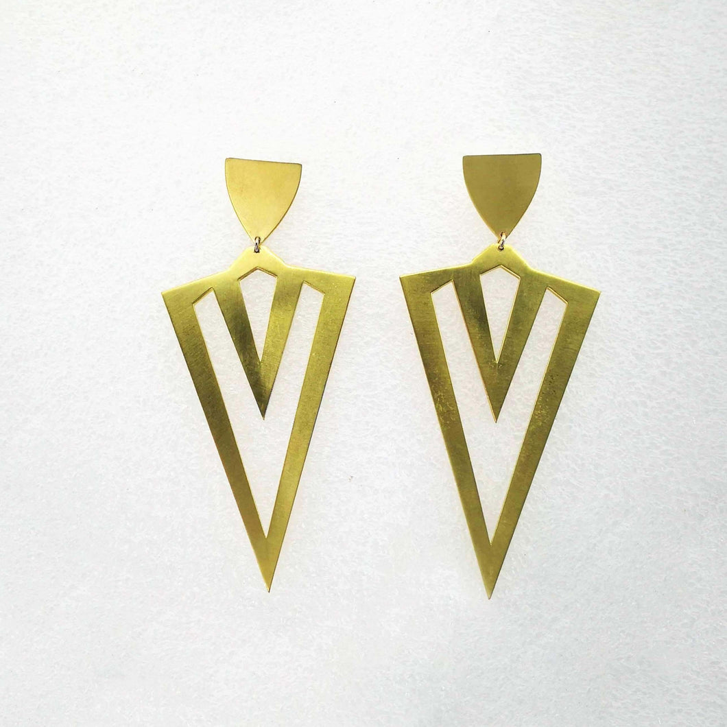 Ice Pick earrings in brushed brass. Hand crafted NZ jewellery from Banshee the Valkyrie at Mason & Collins.