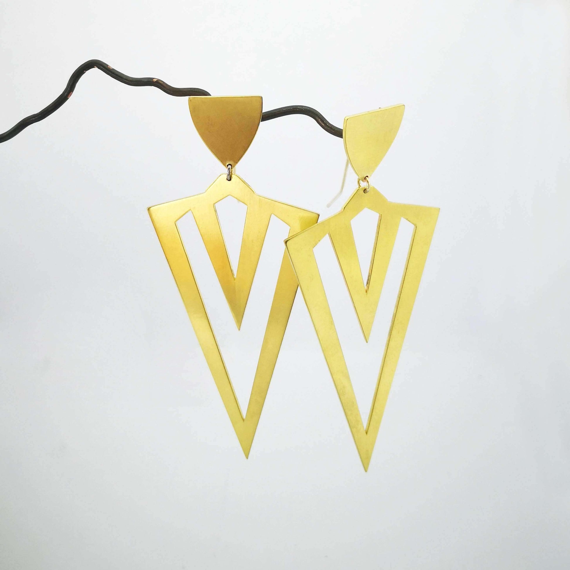 Ice Pick earrings in brushed brass. Hand crafted NZ jewellery from Banshee the Valkyrie at Mason & Collins.