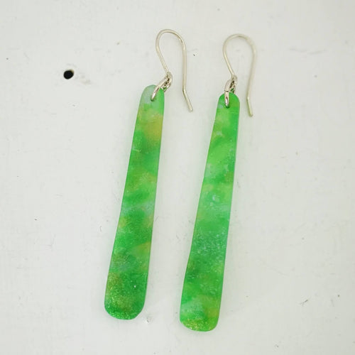 Candy Drop earrings in minty jade recycled plastic, handcrafted by NZ jeweller Fran Carter. 