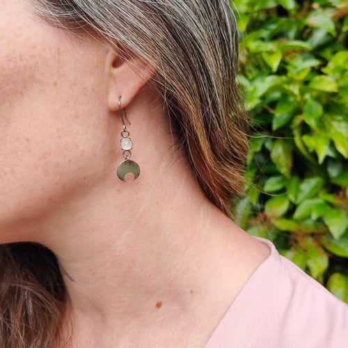 The Moonstone Celestial Phase earrings in silver and set with rose-cut moonstones.Available now at Mason and Collins.