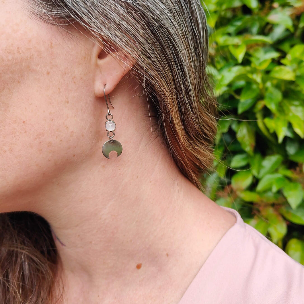 The Moonstone Celestial Phase earrings in silver and set with rose-cut moonstones.Available now at Mason and Collins.