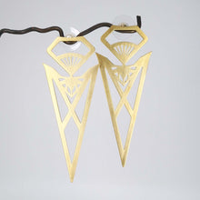 Load image into Gallery viewer, The bold brass Pohutukawa-Blood-Brother earrings from Banshee the Valkyrie. Unique NZ made jewellery at Mason &amp; Collins.
