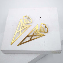 Load image into Gallery viewer, The bold brass Pohutukawa-Blood-Brother earrings from Banshee the Valkyrie. Unique NZ made jewellery at Mason &amp; Collins.
