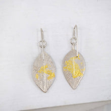 Load image into Gallery viewer, The Pohutukawa earrings from Herbert &amp; Wilks are textured with a delicate lace pattern and 24 carat gold leaf. This shows the back of the earrings look as beautiful as the fronts. 
