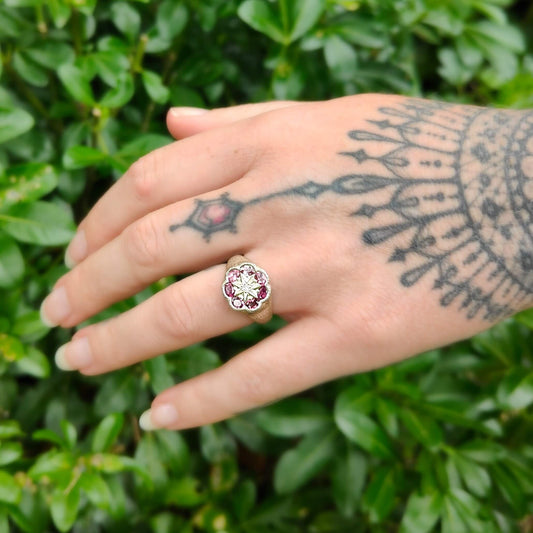 The silver and pink tourmaline Poppy Ring hand crafted in NZ by Adele Stewart.