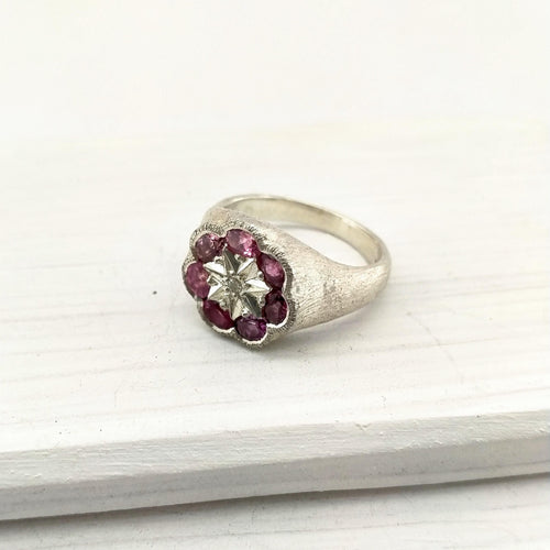 The silver and pink tourmaline Poppy Ring hand crafted in NZ by Adele Stewart. 