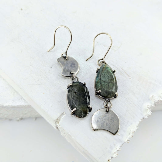 The silver and labradorite celestial phase earrings handmade in NZ by Buster Collins.
