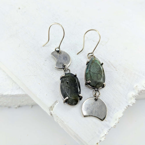 The silver and labradorite celestial phase earrings handmade in NZ by Buster Collins.