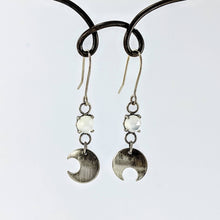 Load image into Gallery viewer, The silver and moonstone Celestial Phase earrings handmade in NZ by Buster Collins. 
