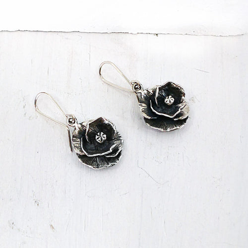 Poppy Earrings in sterling silver, handmade NZ jewellery by Rebecca Fargher. 