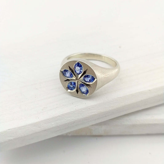 The beautiful Star Flower Borage ring is hand crafted by Adele Stewart in solid sterling silver and ceylon sapphires.