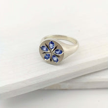 Load image into Gallery viewer, The beautiful Star Flower Borage ring is hand crafted by Adele Stewart in solid sterling silver and ceylon sapphires.

