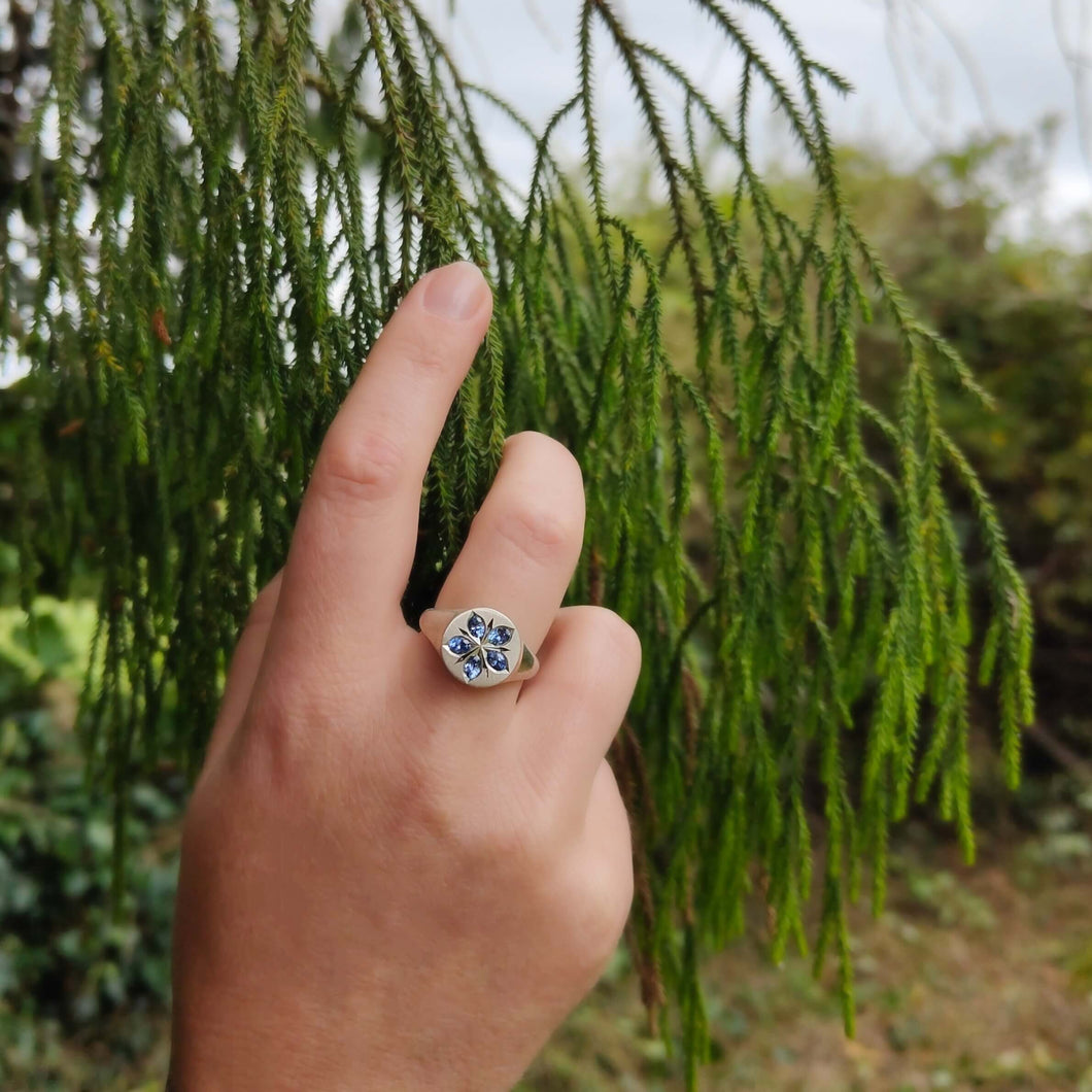The beautiful Star Flower Borage ring is hand crafted by Adele Stewart in solid sterling silver and ceylon sapphires.