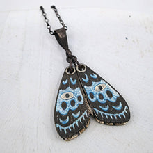 Load image into Gallery viewer, The beautiful Gypsy Moth pendant by Adele Stewart features moving wings coloured with glass enamels and set with tiny black diamonds.
