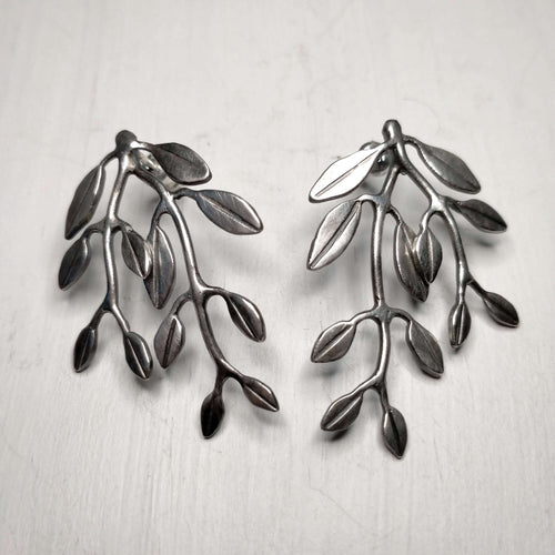 Large Hoya Leaf earrings in oxidised sterling silver by Rebecca Fargher. Unique NZ made jewellery available at Mason and Collins.