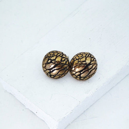 Tuatara Studs in solid bronze and sterling silver, handmade by The Wild Jewellery. These studs are inspired by the texture of the rare Tuatara, a reptile found only in NZ.
