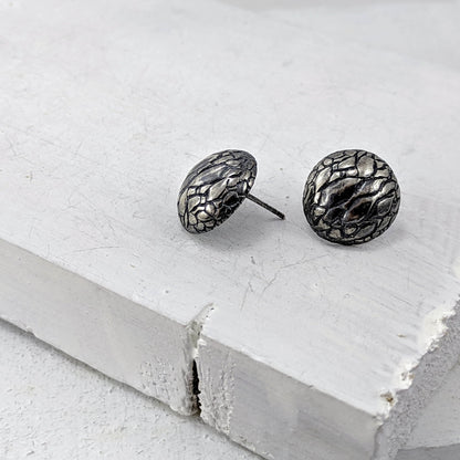 Tuatara Studs in solid sterling silver, handmade by The Wild Jewellery. These studs are inspired by the texture of the rare Tuatara, a reptile found only in NZ.