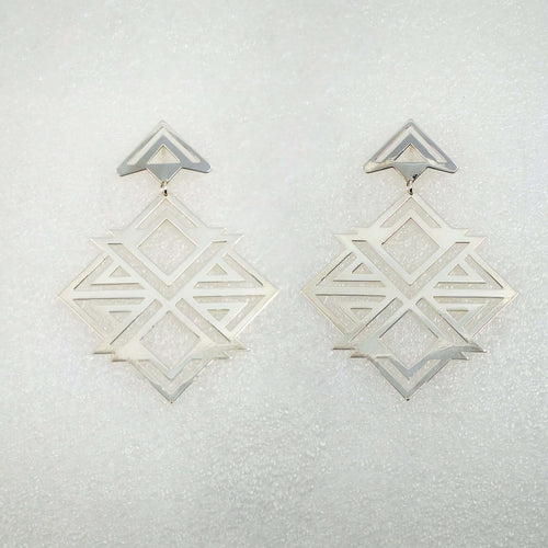X-box Earrings in silver-plated brass, handmade jewellery by NZ artist Banshee the Valkyrie. These statement earrings have solid silver hooks. 